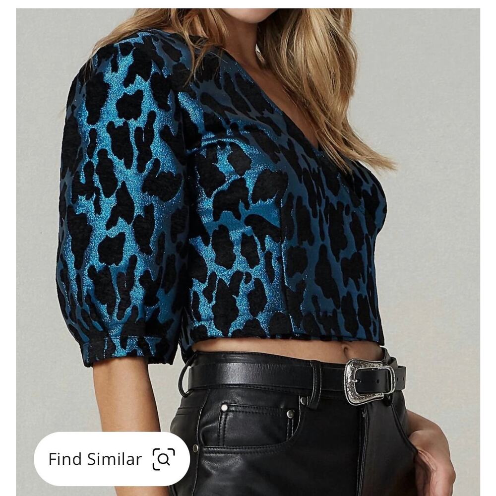 BB Dakota NWT Metallic Blue Leopard Cropped Wrap Top Size L